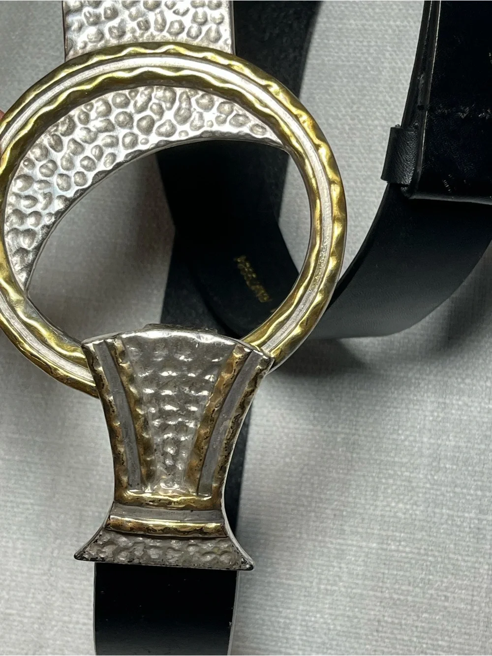 Black Leather Belt with Hammered Gold & Silver Ring Buckle Western Chicos M/L